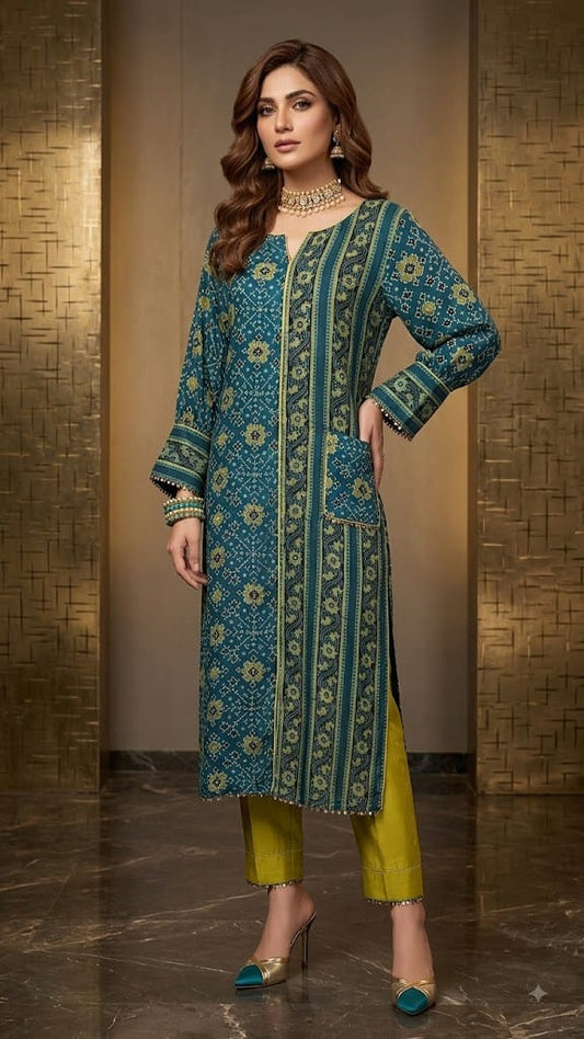 Indigo blue and olive green kurti with pant set.