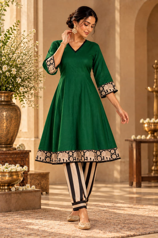 Bottle green dupion satin a line kurti with black and white stripe
