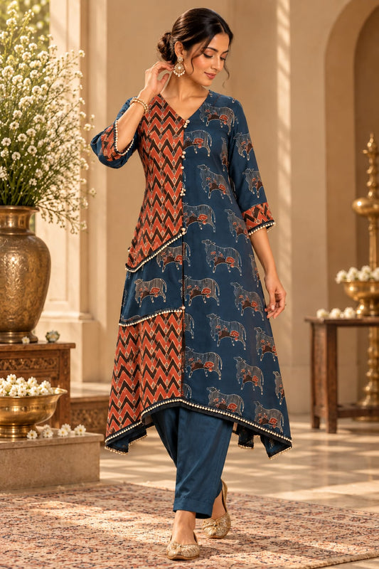 Indigo blue modal silk kurti elephant print with blue pant.