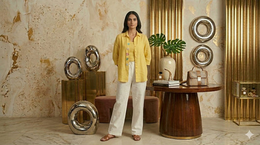 yellow linen shirt with  inner crop top