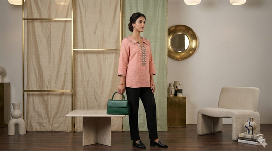 Candy pink organic linen top with multicolour embroidery.