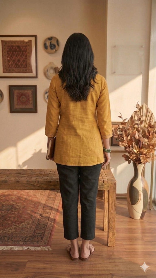 Mustard linen tunic tops with machine embroidery.