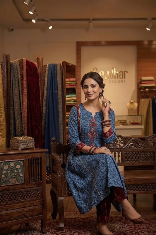 Indigo and maroon printed modal silk ajrakh print kurti set with pant.