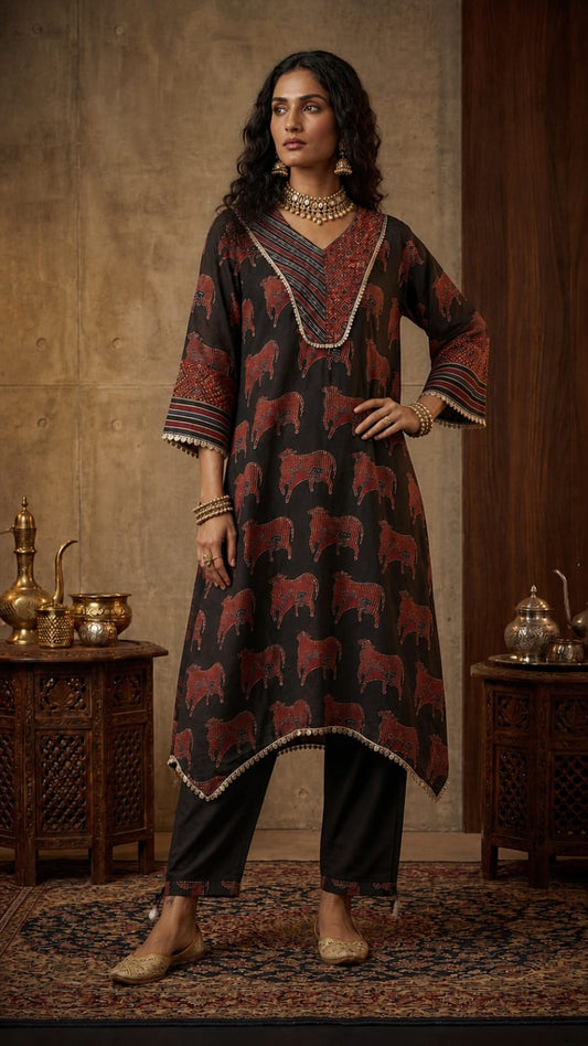 Black and maroon cow print modal silk kurti with black pant.