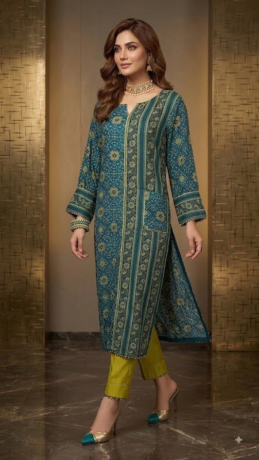 Indigo blue and olive green kurti with pant set.