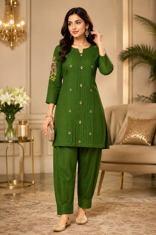 Bottle green poly viscose fabric co-ord set with machine embroidery.