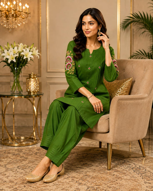 Bottle green poly viscose fabric co-ord set with machine embroidery.