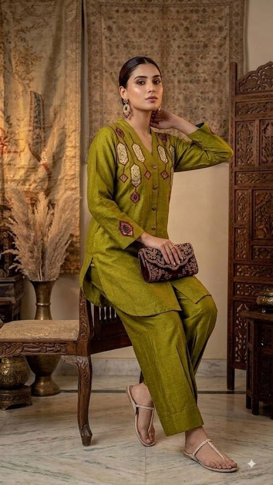 Olive green poly viscose co-ord set with machine embroidery patchwork and wooden button