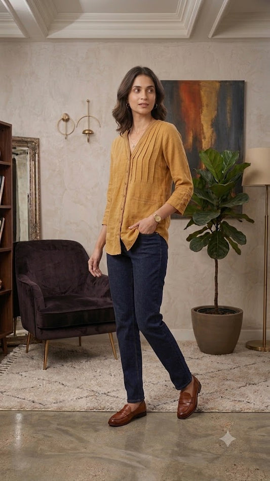 Mustard Linen Tunic Shirt with Pleats & Thread Work