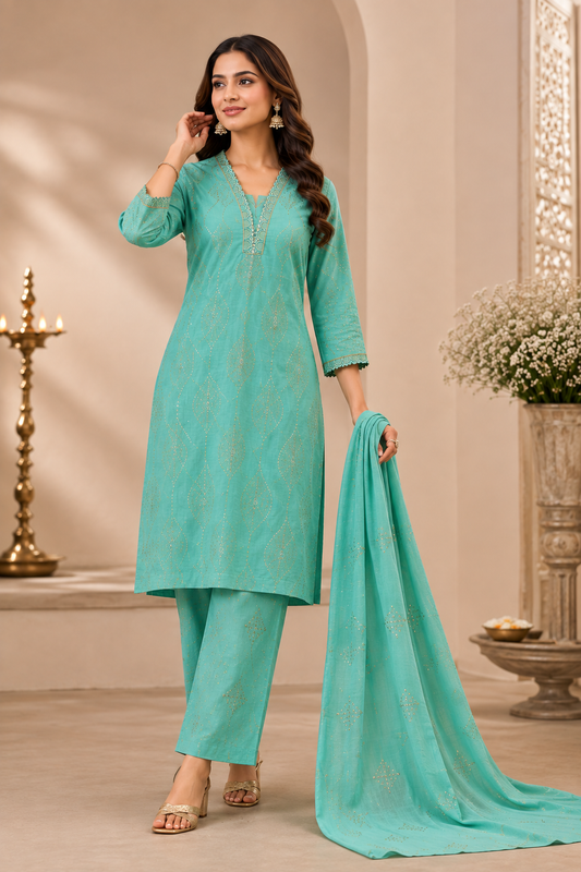 Sea Green Foil Work Mal Chanderi Kurta & Pant Set