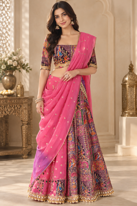 Pink and purple lehnga with shaded dupatta