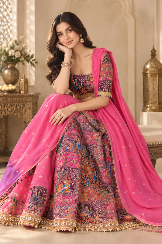 Pink and purple lehnga with shaded dupatta