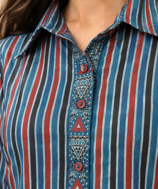 Stripe and triangle print  Maroon and blue modal silk shirt
