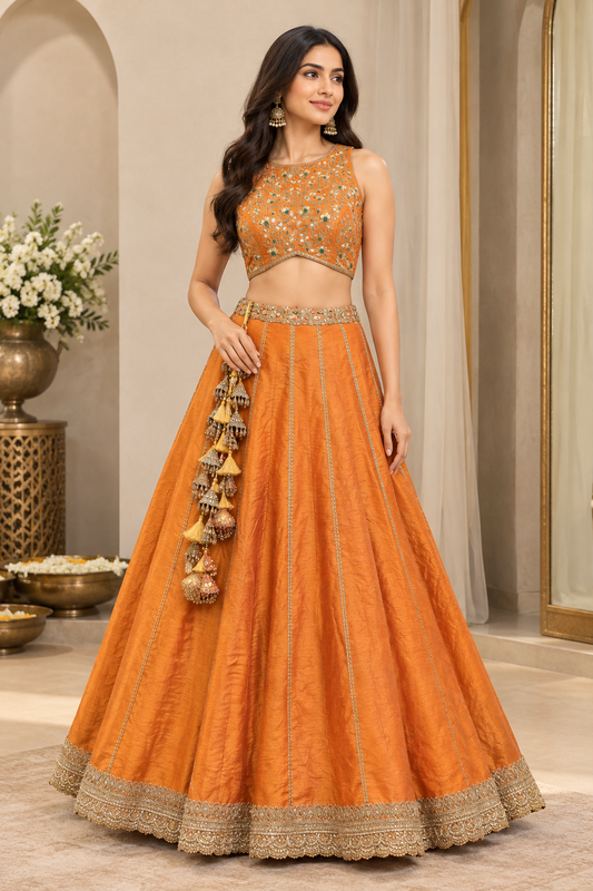 Orange hand embroidery blouse and lehnga with delicate laces