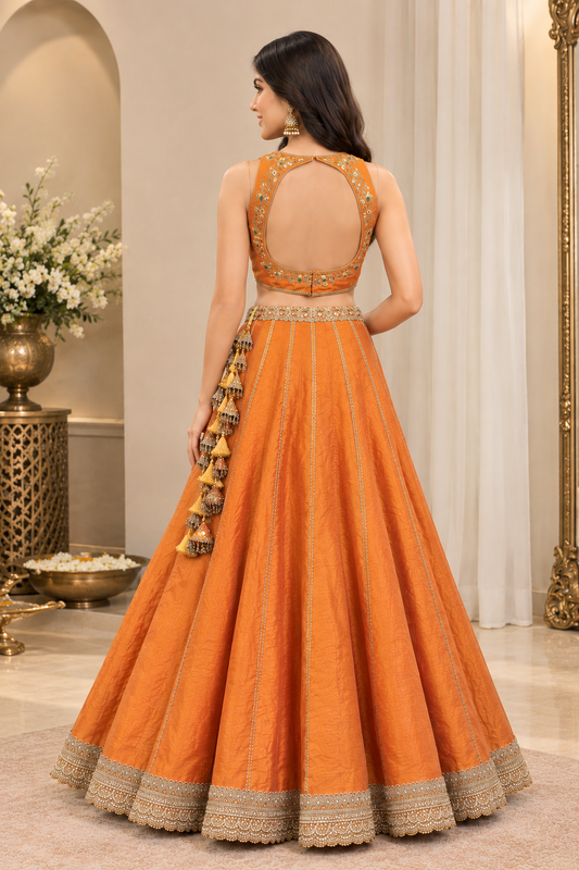 Orange hand embroidery blouse and lehnga with delicate laces