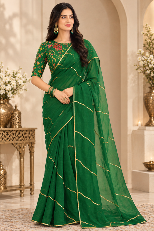 Bottle green silk organza saree with multicolour embroidered raw silk blouse