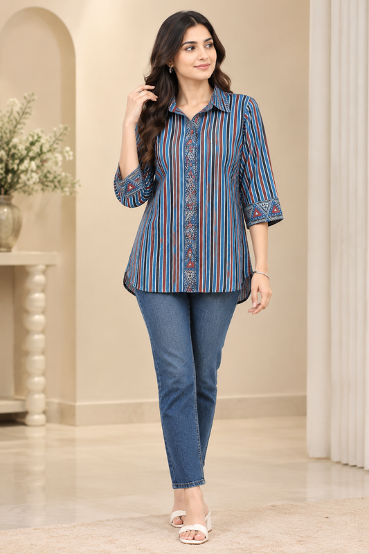Stripe and triangle print  Maroon and blue modal silk shirt