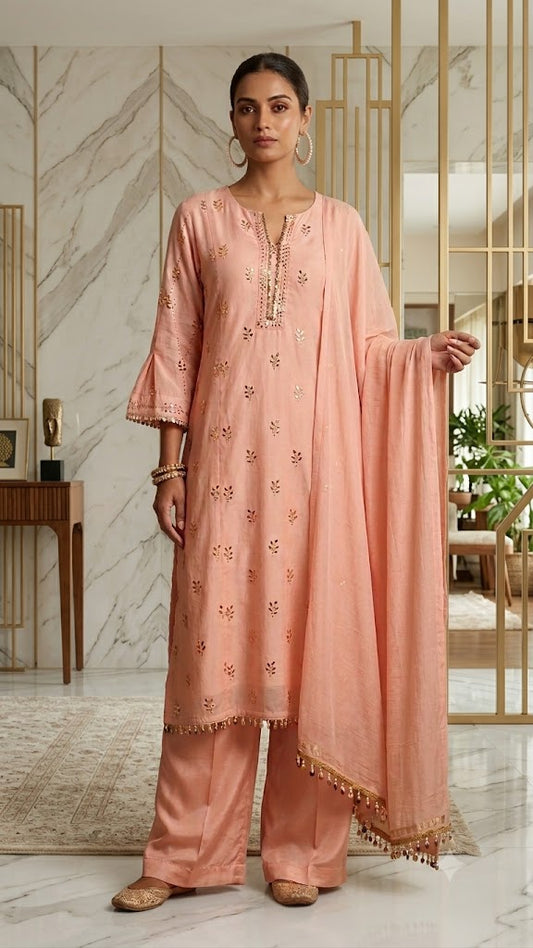 Peach foli work mal chanderi fabric kurta and pant